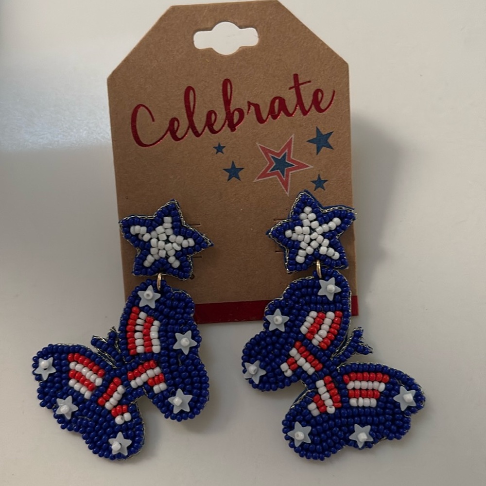 Beaded patriotic red, white and blue butterfly post earrings new